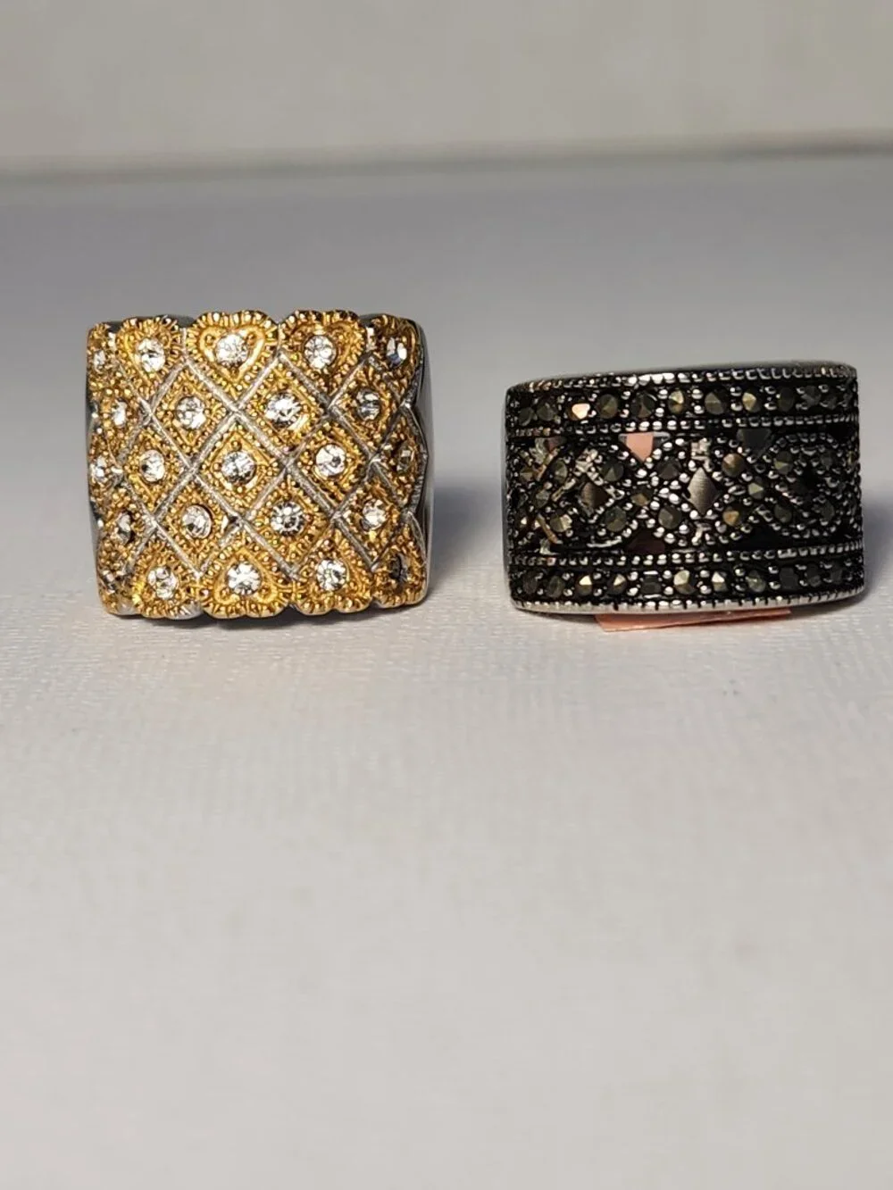 NWT Set of Gold Quilted Pavé + Black Marcasite Wide Band Ring Bundle Size 6 - Picture 2 of 10